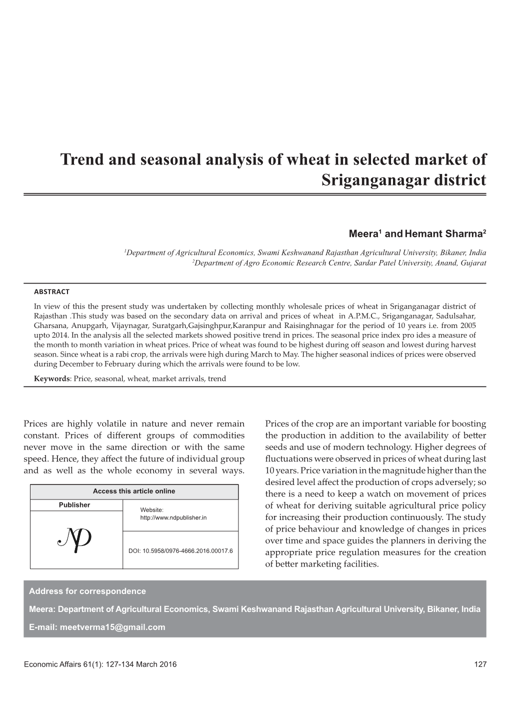 Trend and Seasonal Analysis of Wheat in Selected Market of Sriganganagar District