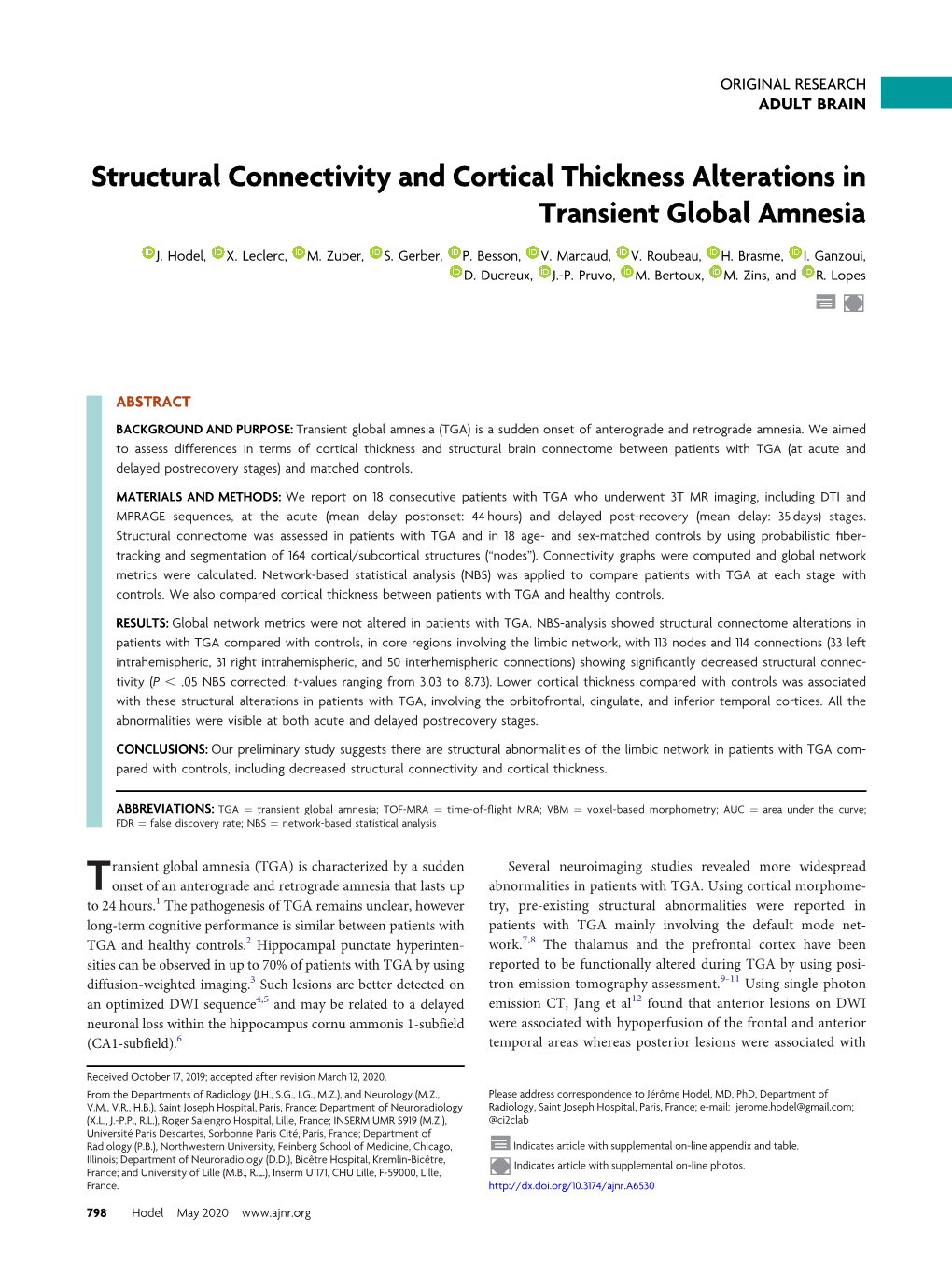 Structural Connectivity and Cortical Thickness Alterations in Transient Global Amnesia