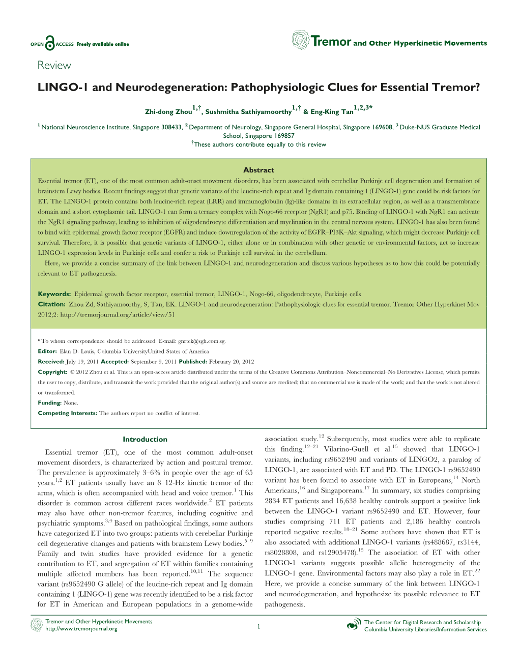 LINGO-1 and Neurodegeneration: Pathophysiologic Clues for Essential Tremor?
