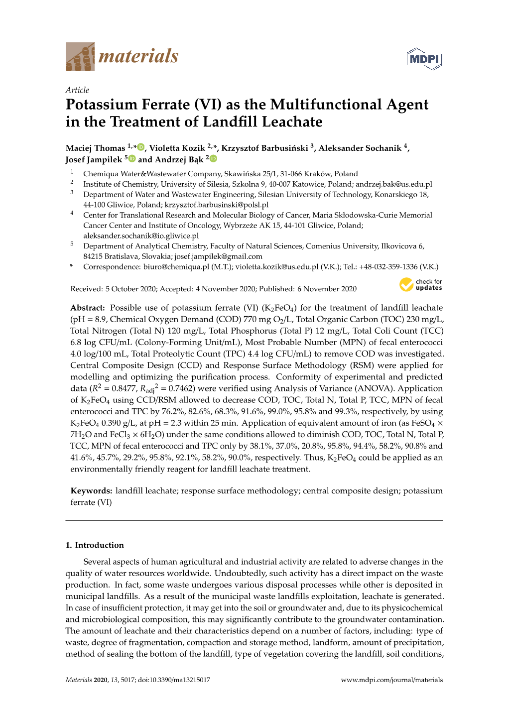 Potassium Ferrate (VI) As the Multifunctional Agent in the Treatment of Landfill Leachate