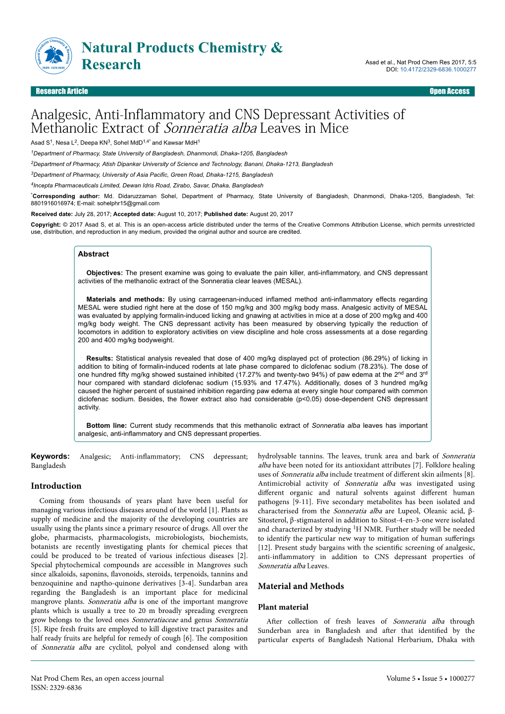 Analgesic, Anti-Inflammatory and CNS Depressant Activities of Methanolic Extract of Sonneratia Alba Leaves in Mice