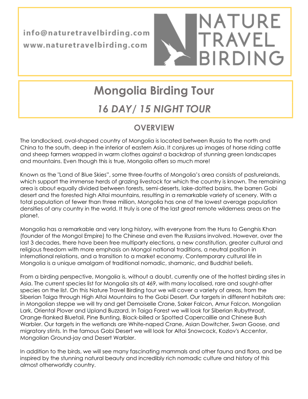 Mongolia Birding Tour 16 DAY/ 15 NIGHT TOUR
