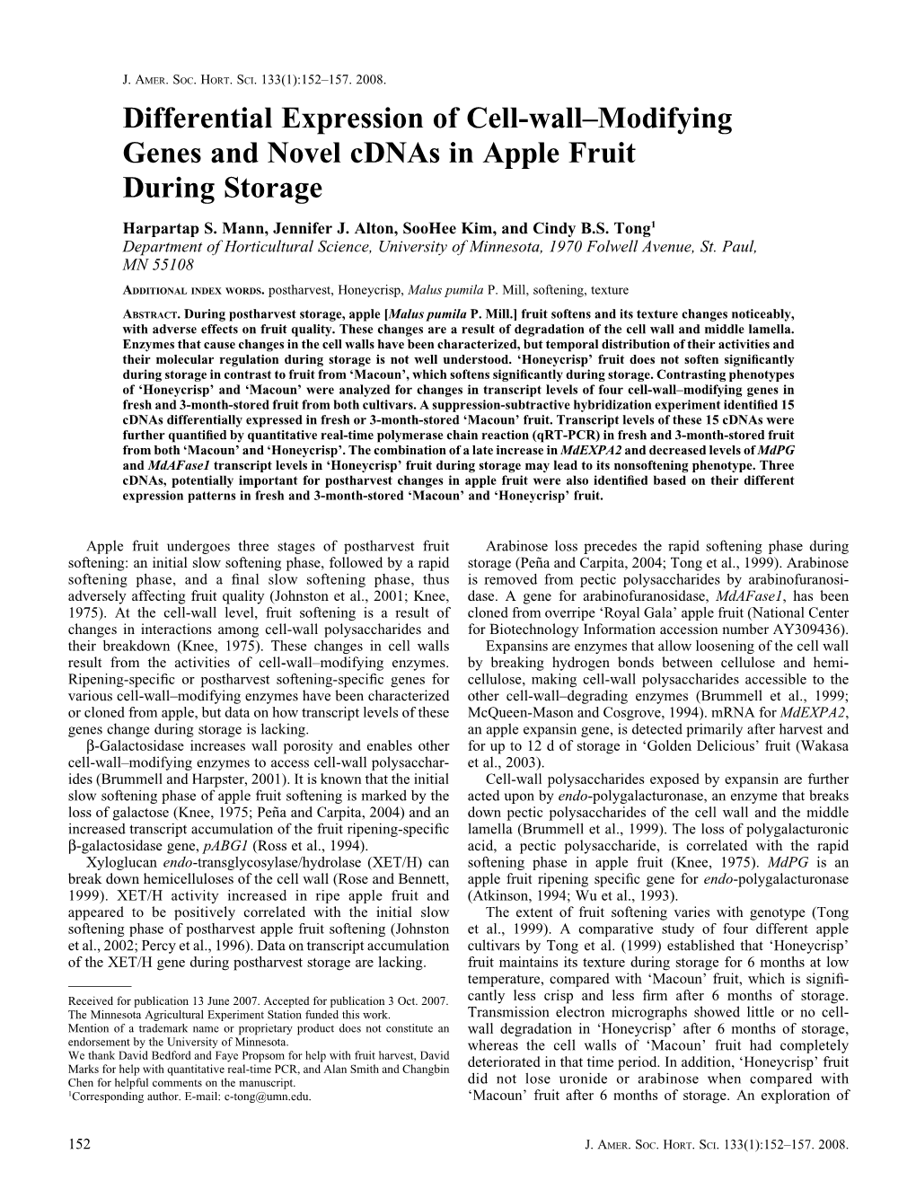 Differential Expression of Cell-Wall–Modifying Genes and Novel Cdnas in Apple Fruit During Storage