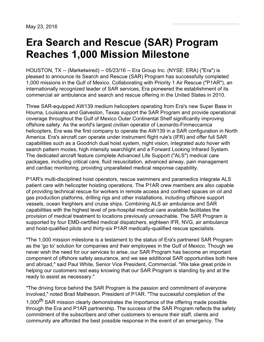 Era Search and Rescue (SAR) Program Reaches 1,000 Mission Milestone