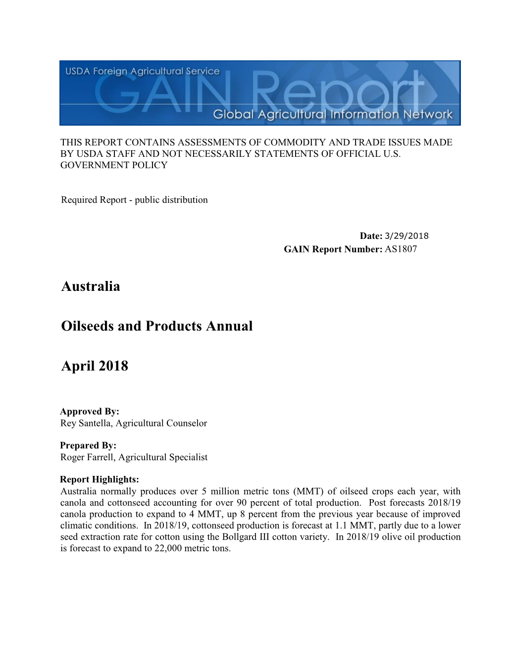 April 2018 Oilseeds and Products Annual Australia