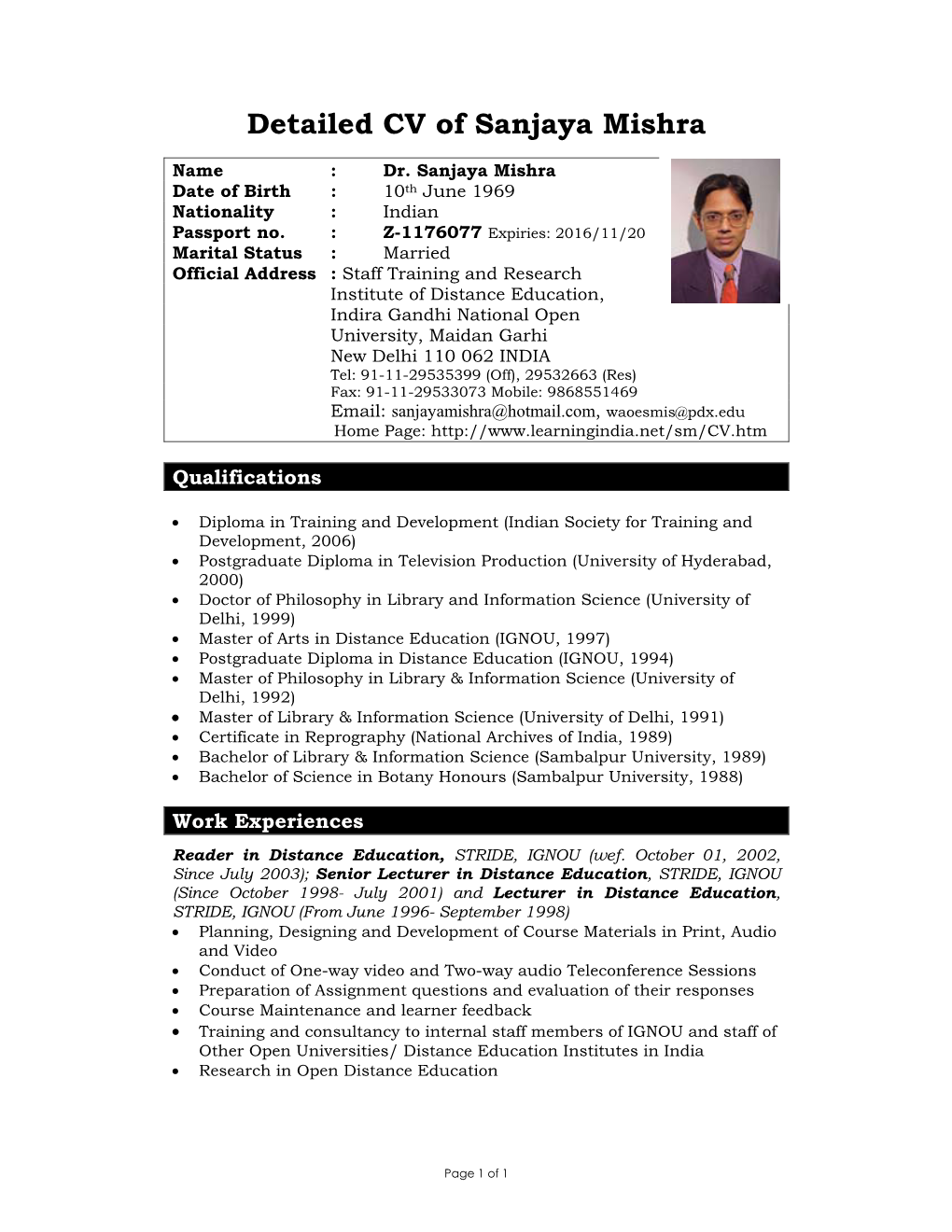 Detailed CV of Sanjaya Mishra