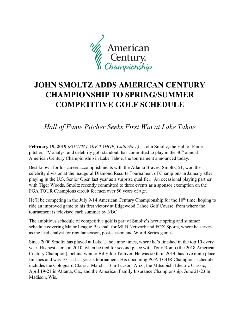 John Smoltz Adds American Century Championship to Spring/Summer Competitive Golf Schedule