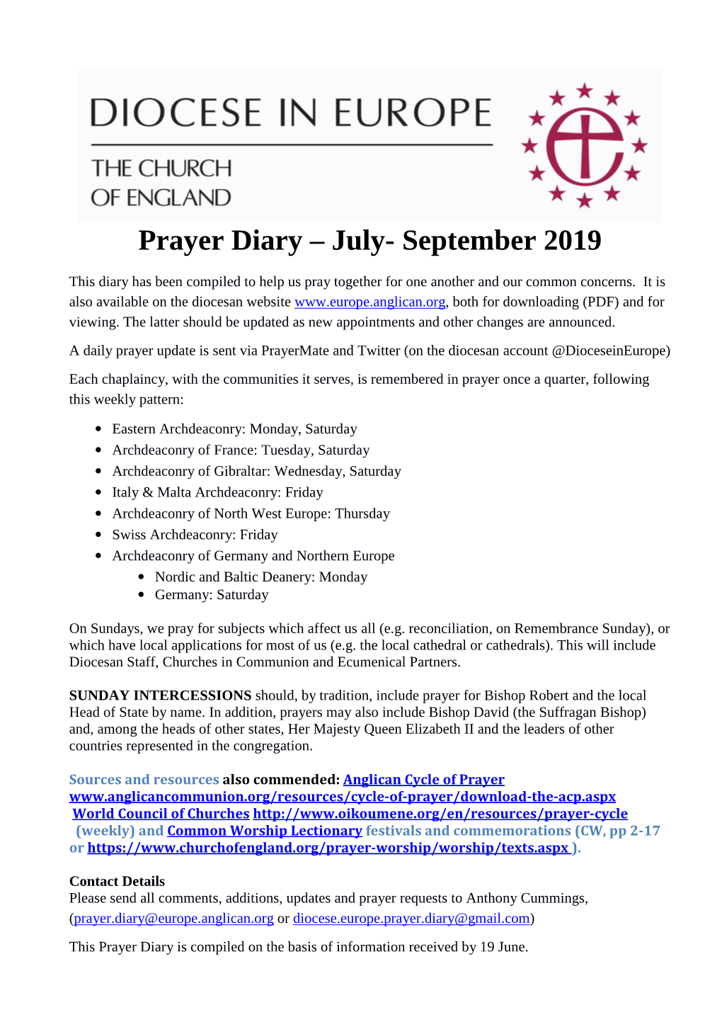 Prayer Diary – July- September 2019