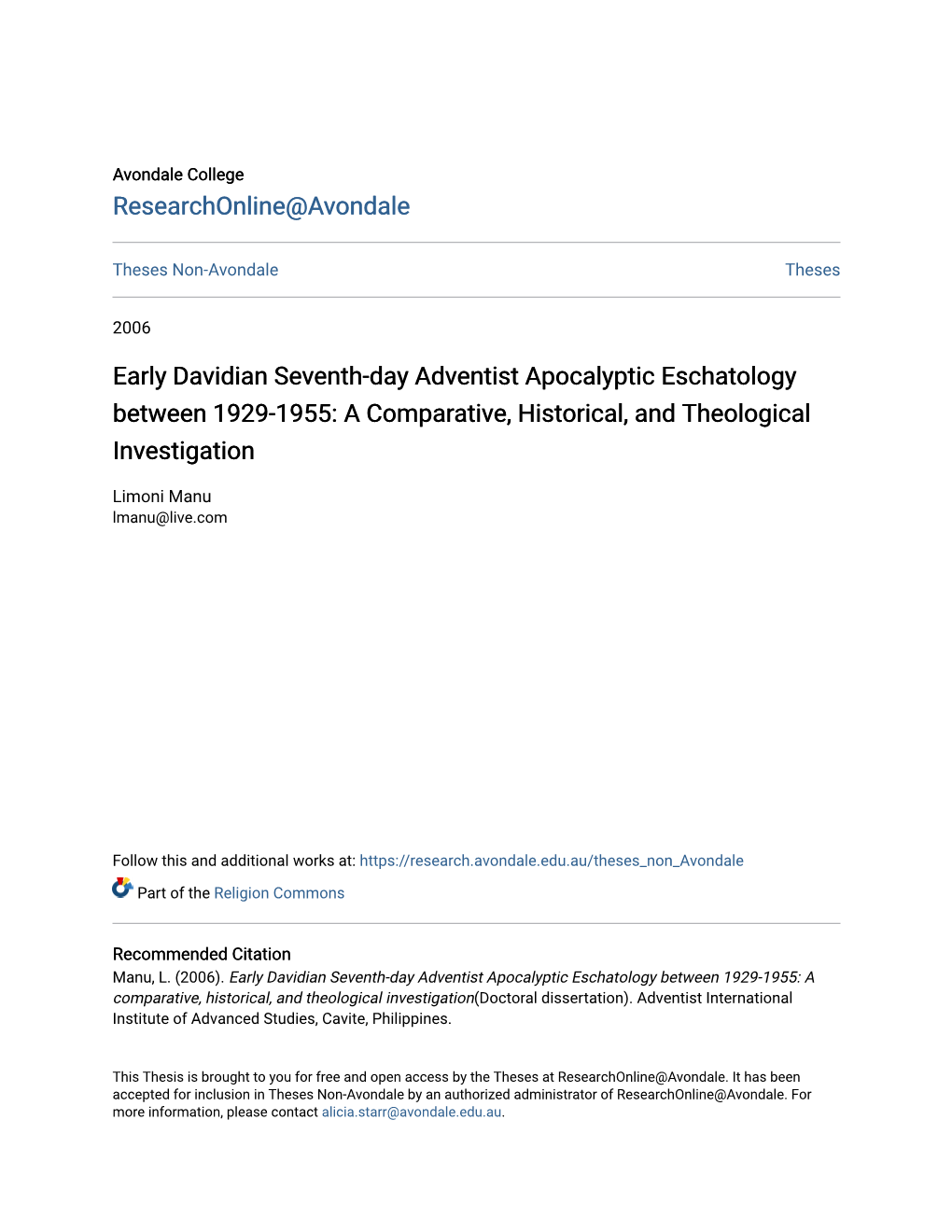 Early Davidian Seventh-Day Adventist Apocalyptic Eschatology Between 1929-1955: a Comparative, Historical, and Theological Investigation