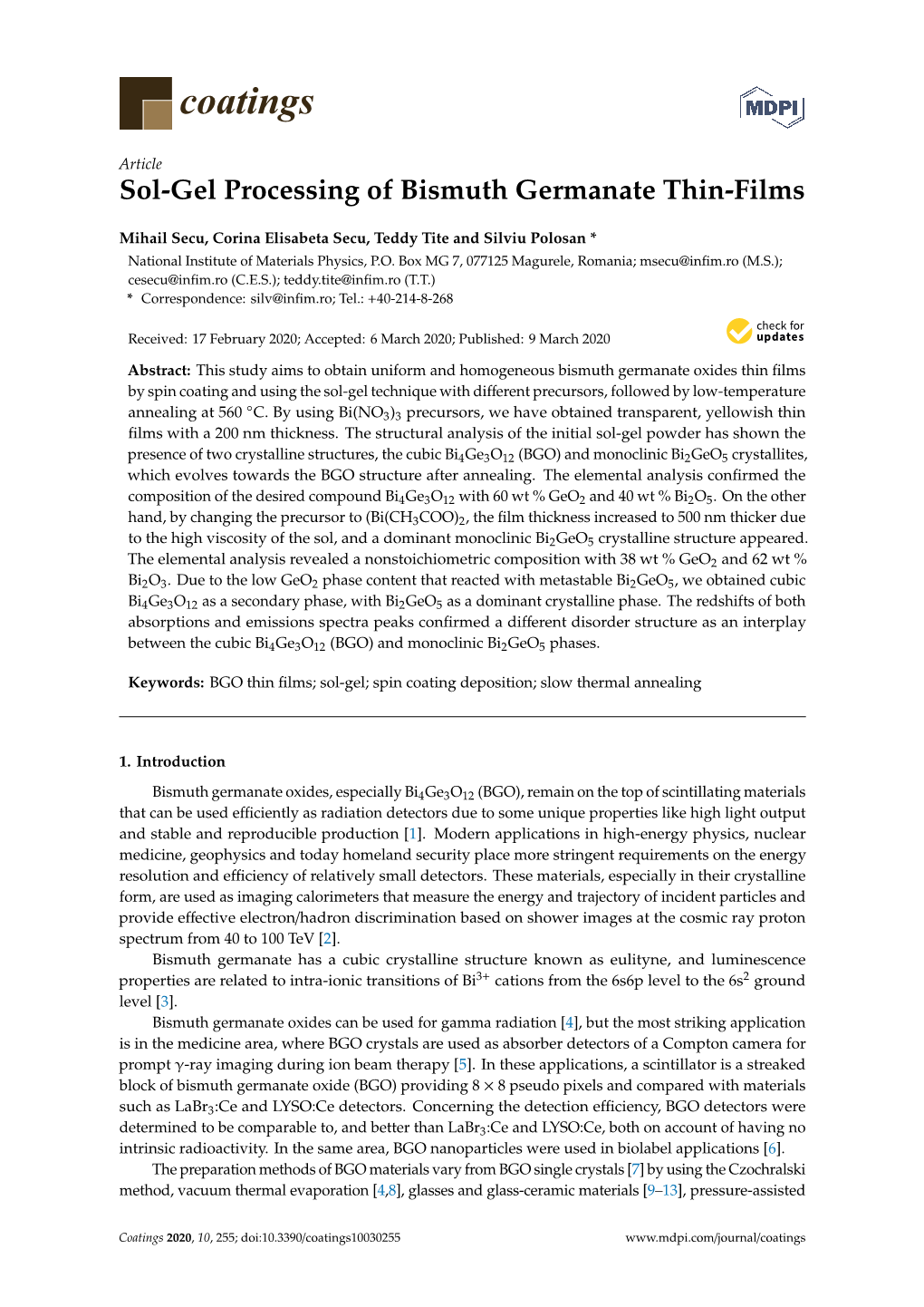 Sol-Gel Processing of Bismuth Germanate Thin-Films