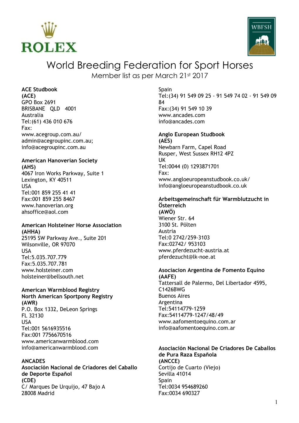 World Breeding Federation for Sport Horses Member List As Per March 21St 2017