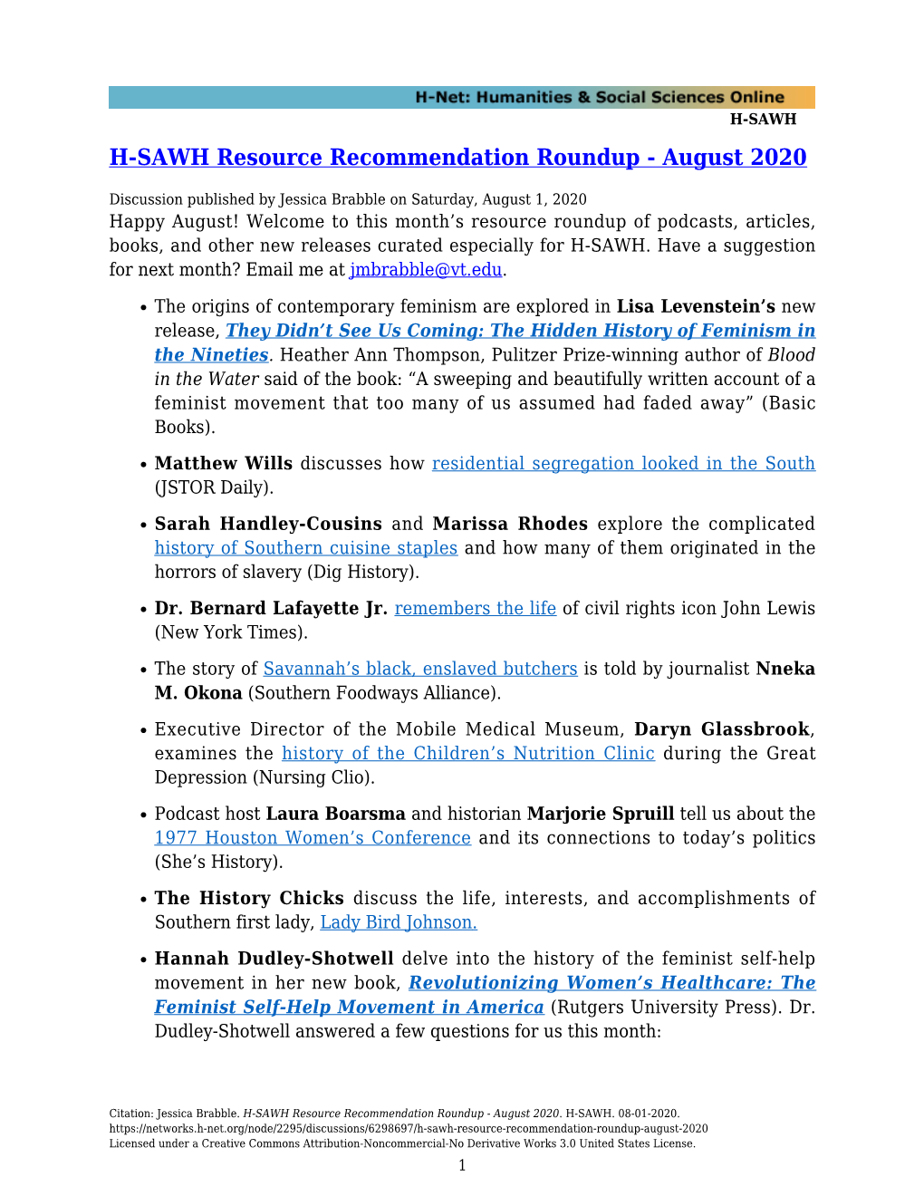 H-SAWH Resource Recommendation Roundup - August 2020