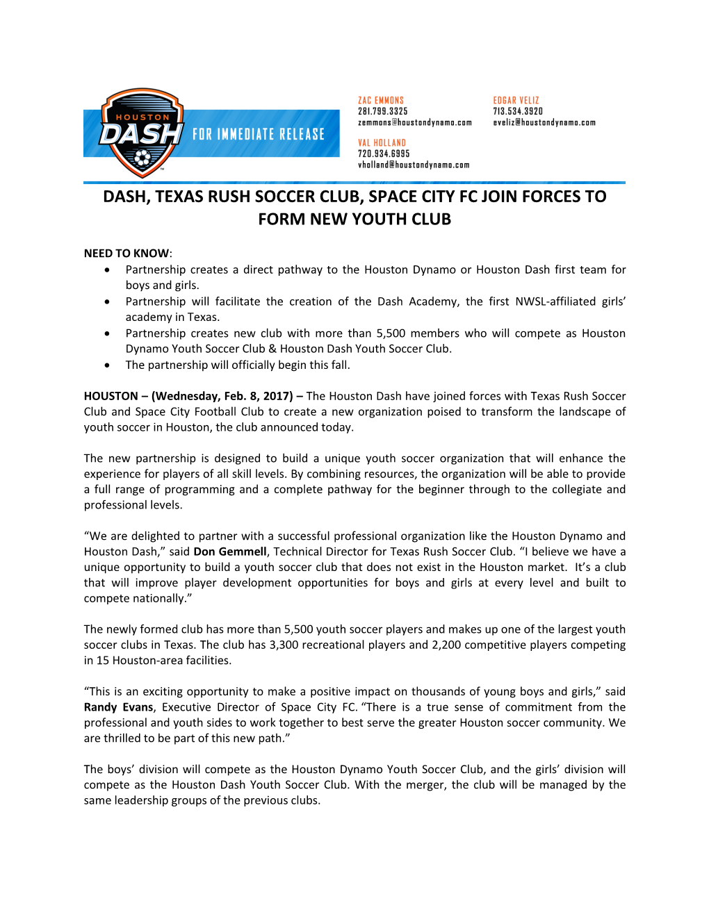 Dash, Texas Rush Soccer Club, Space City Fc Join Forces to Form New Youth Club