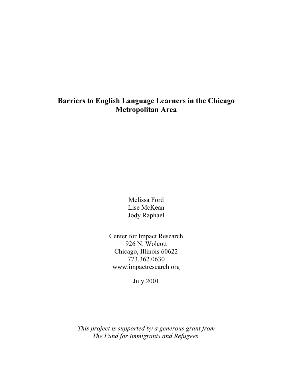 Barriers to English Language Learners in the Chicago Metropolitan Area