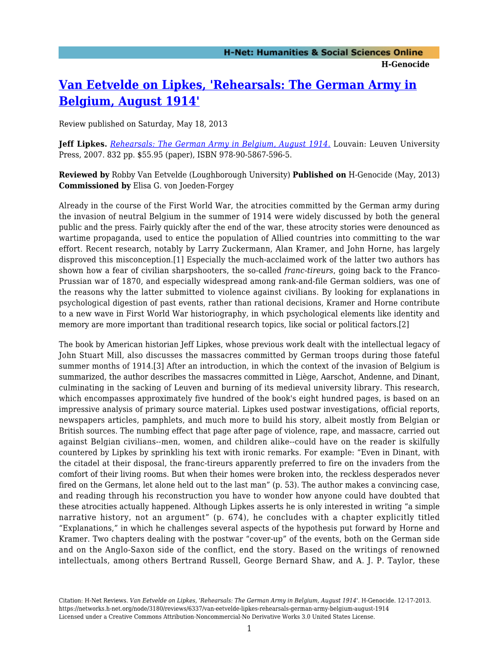 Van Eetvelde on Lipkes, 'Rehearsals: the German Army in Belgium, August 1914'