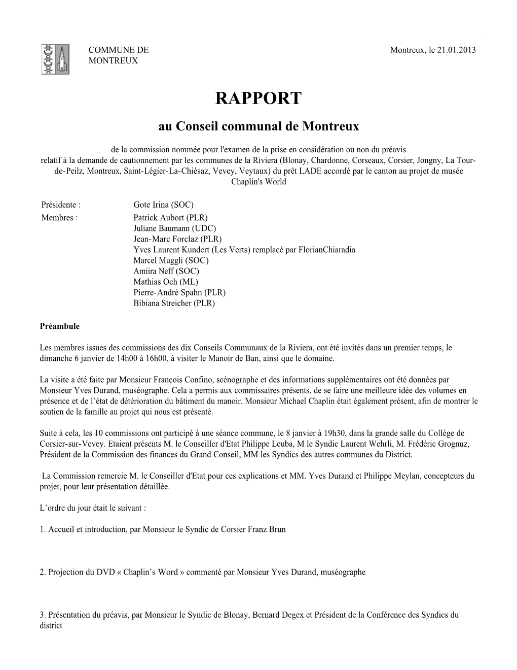 RAPPORT Au Conseil Communal De Montreux