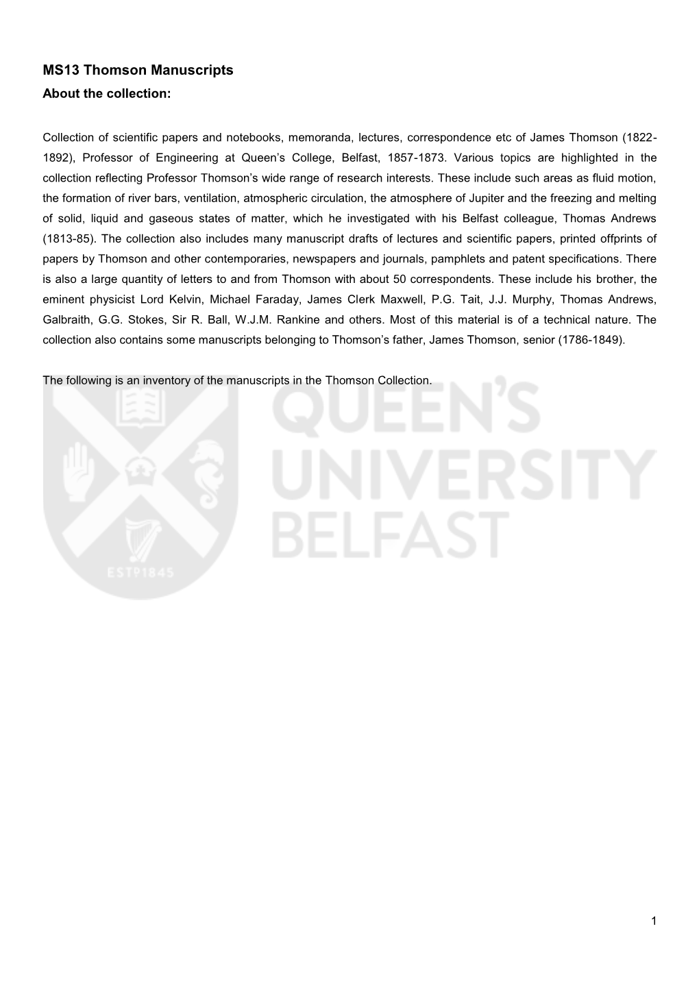 James Thomson (1822- 1892), Professor of Engineering at Queen’S College, Belfast, 1857-1873