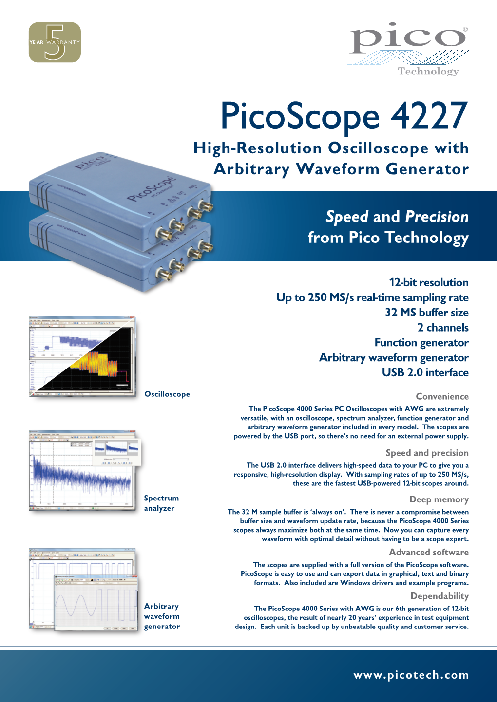 Picoscope 4227 High-Resolution Oscilloscope with Arbitrary Waveform Generator