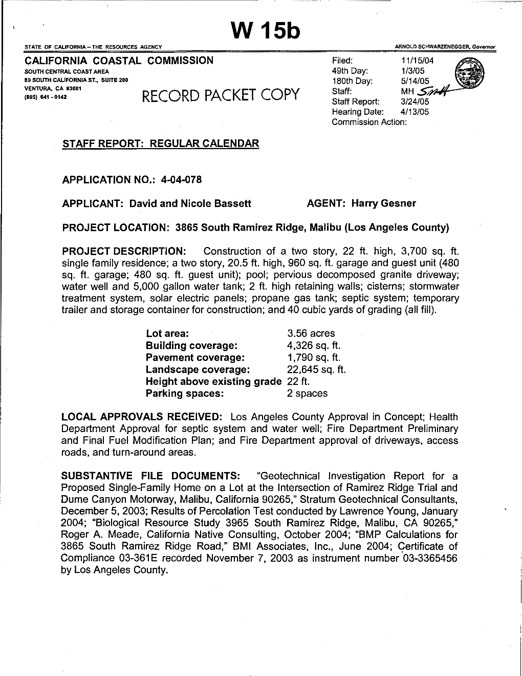 RECORD PACKET COPY Staff Report: 3/24/05 Hearing Date: 4/13/05 Commission Action