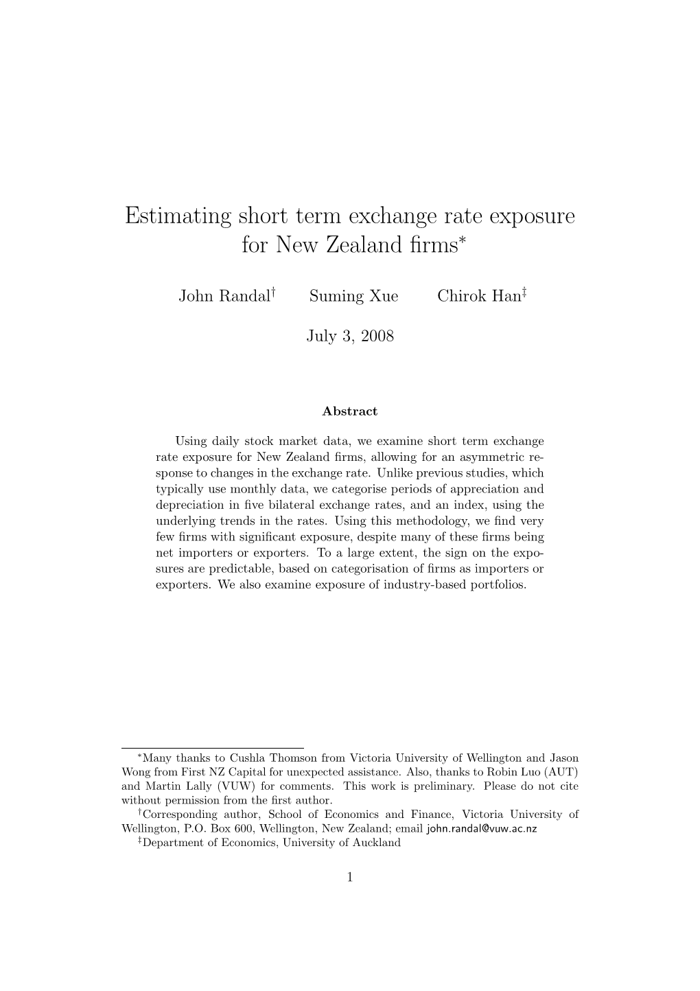 Estimating Short Term Exchange Rate Exposure for New Zealand Firms