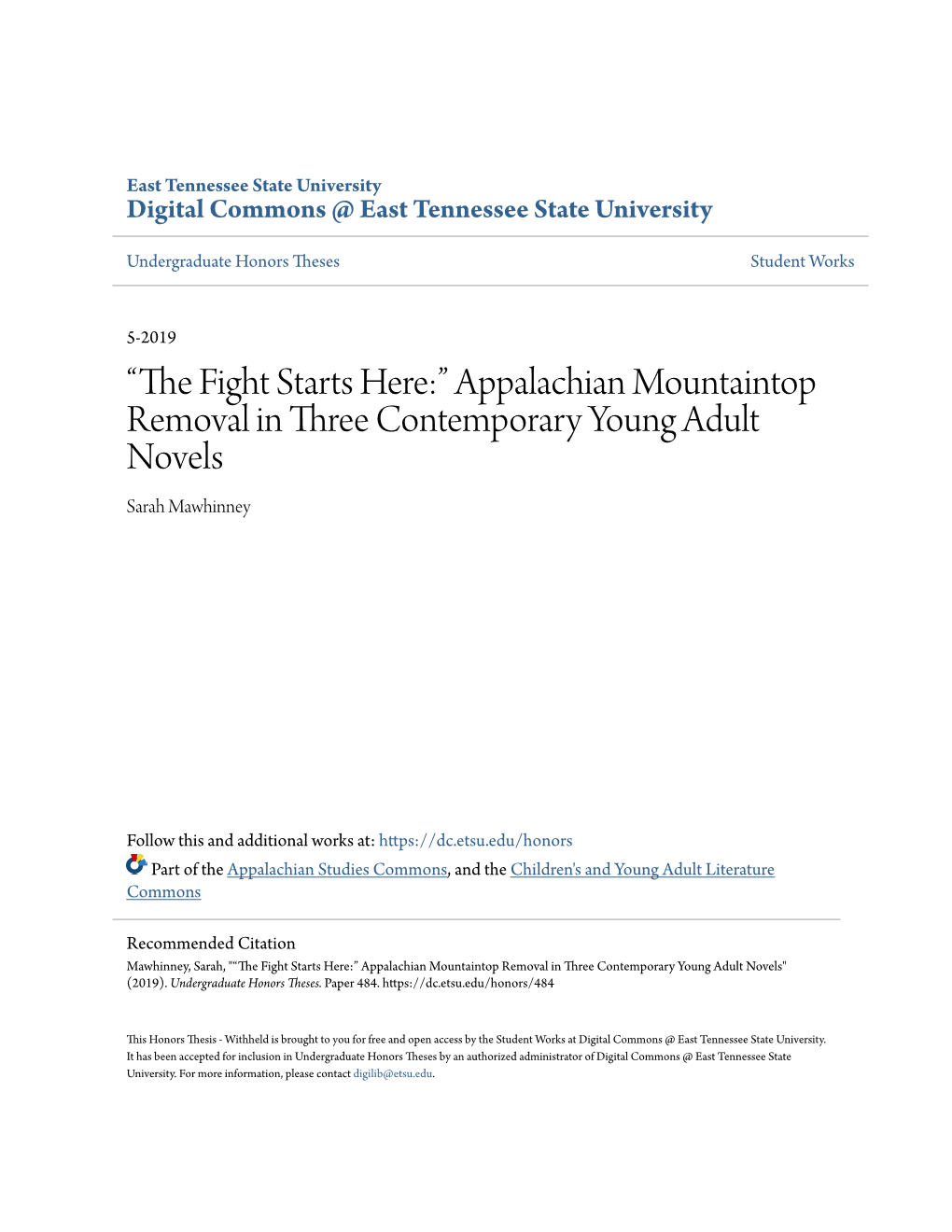 Appalachian Mountaintop Removal in Three Contemporary Young Adult Novels Sarah Mawhinney