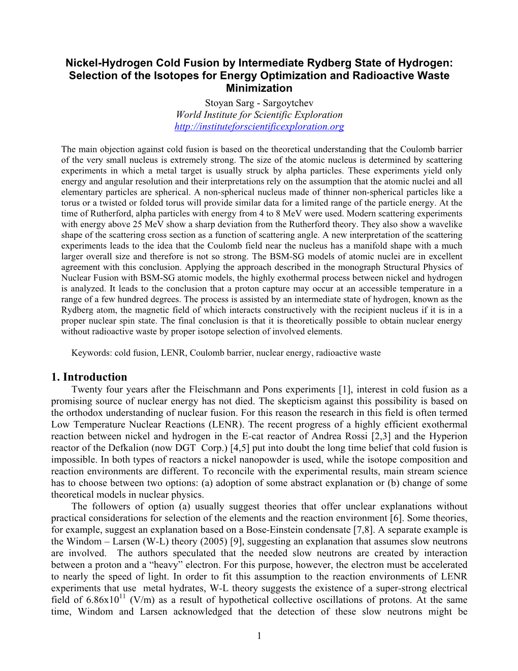 Nickel-Hydrogen Cold Fusion by Intermediate Rydberg