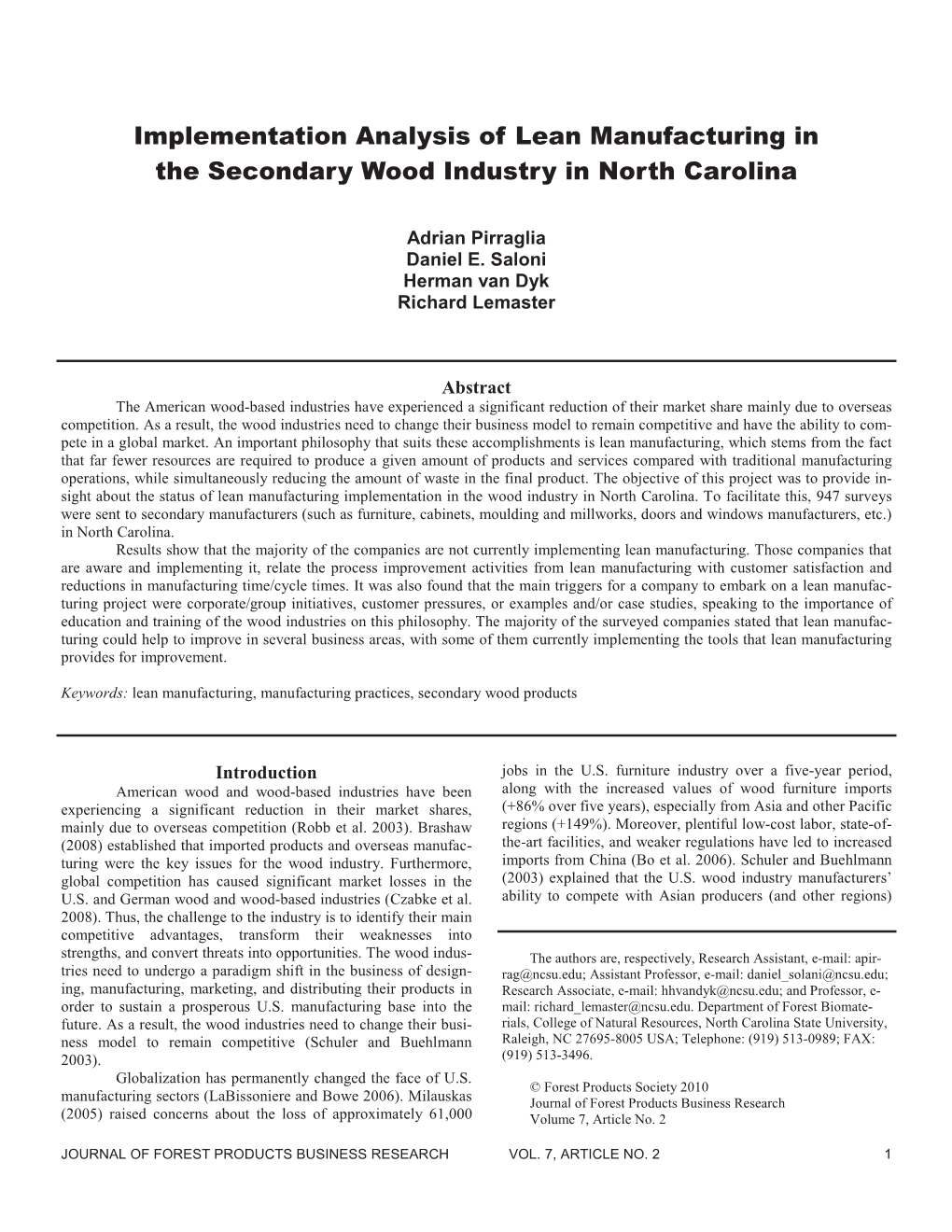 Implementation Analysis of Lean Manufacturing in the Secondary Wood Industry in North Carolina