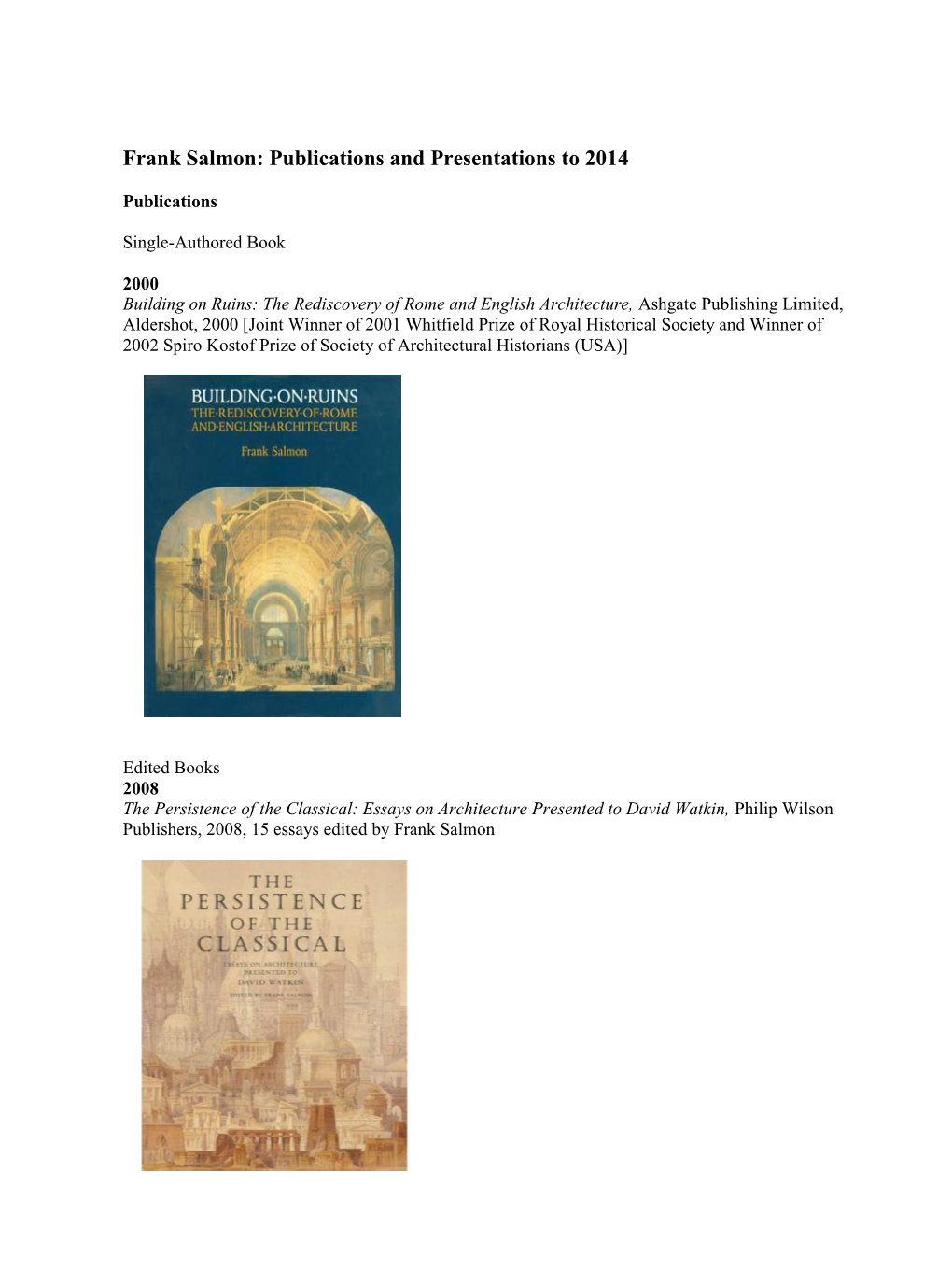 Frank Salmon: Publications and Presentations to 2014