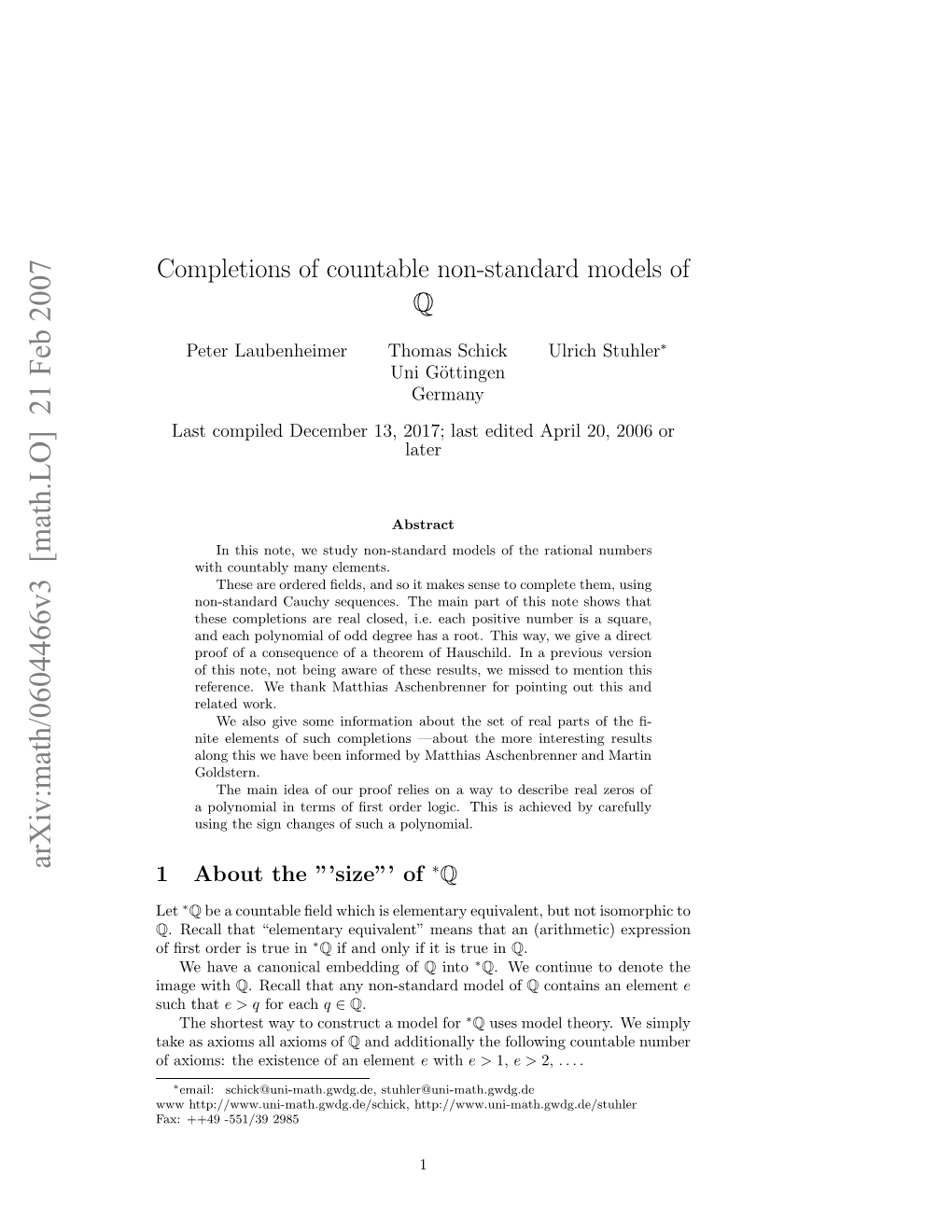 Completions of Countable Non-Standard Models of Q