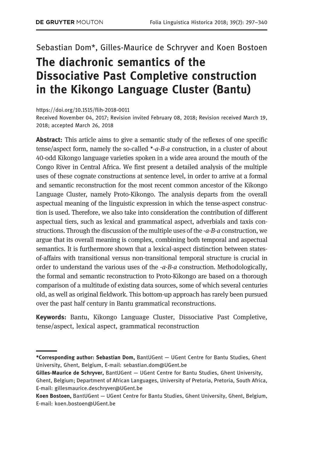 Dissociative Past Completive in Kikongo 299 Varieties, Including Data from Several Text Corpora