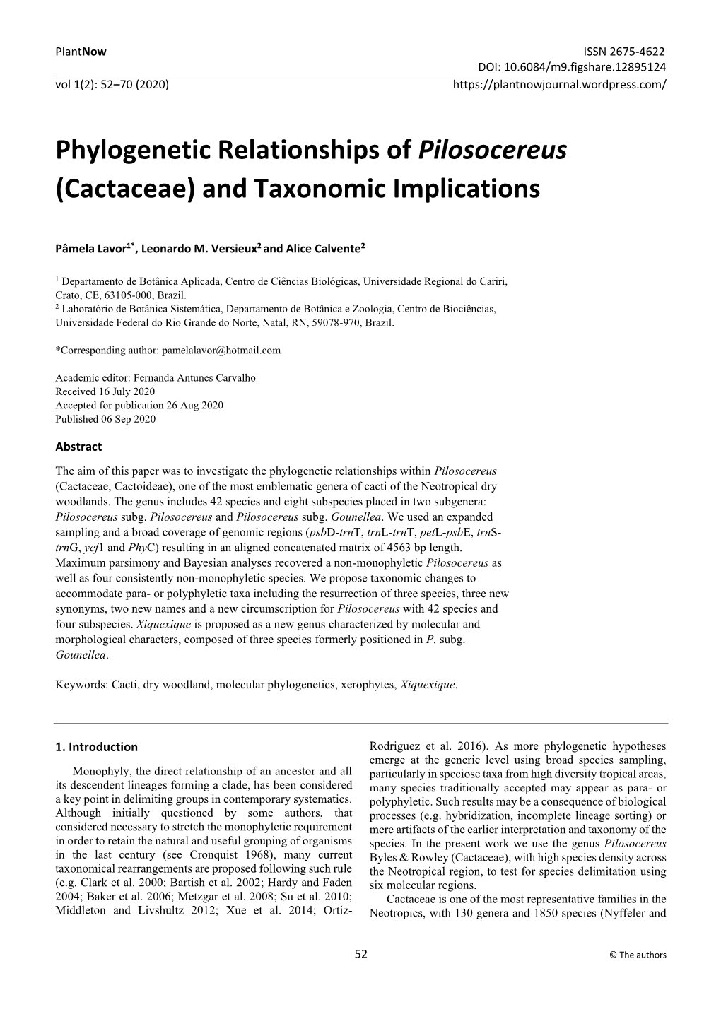 Phylogenetic Relationships of Pilosocereus (Cactaceae) and Taxonomic Implications