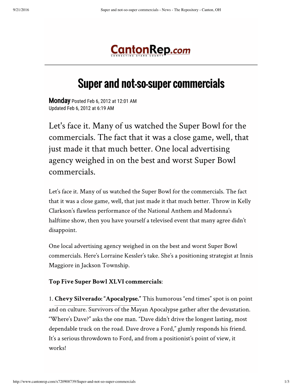 Super and Not-So-Super Commercials - News - the Repository - Canton, OH