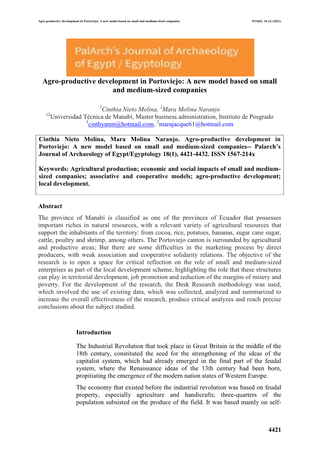 Agro-Productive Development in Portoviejo: a New Model Based on Small and Medium-Sized Companies PJAEE, 18 (1) (2021)