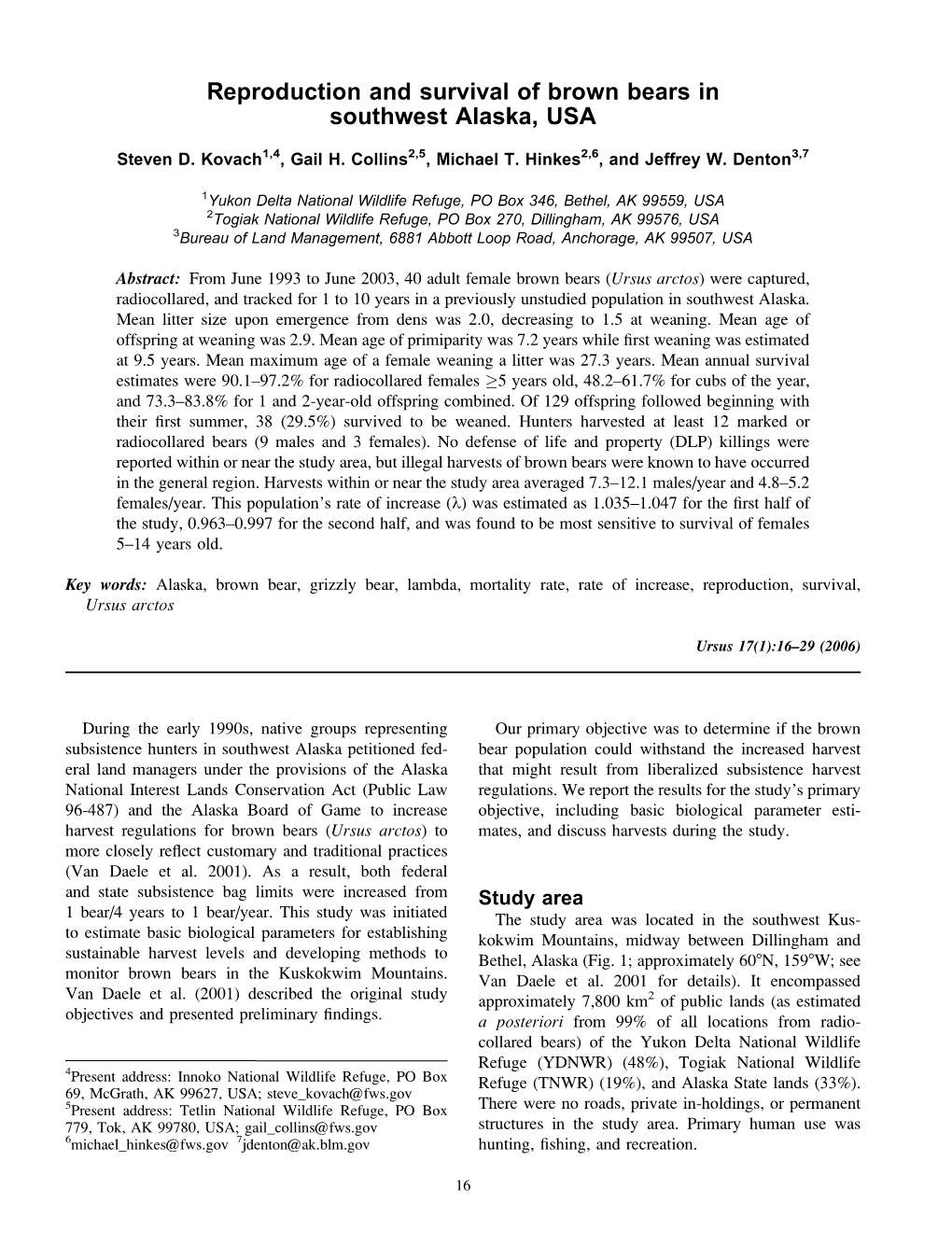 Reproduction and Survival of Brown Bears in Southwest Alaska, USA