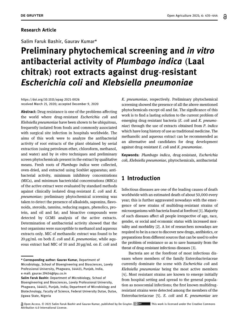 Preliminary Phytochemical Screening and in Vitro Antibacterial Activity Of