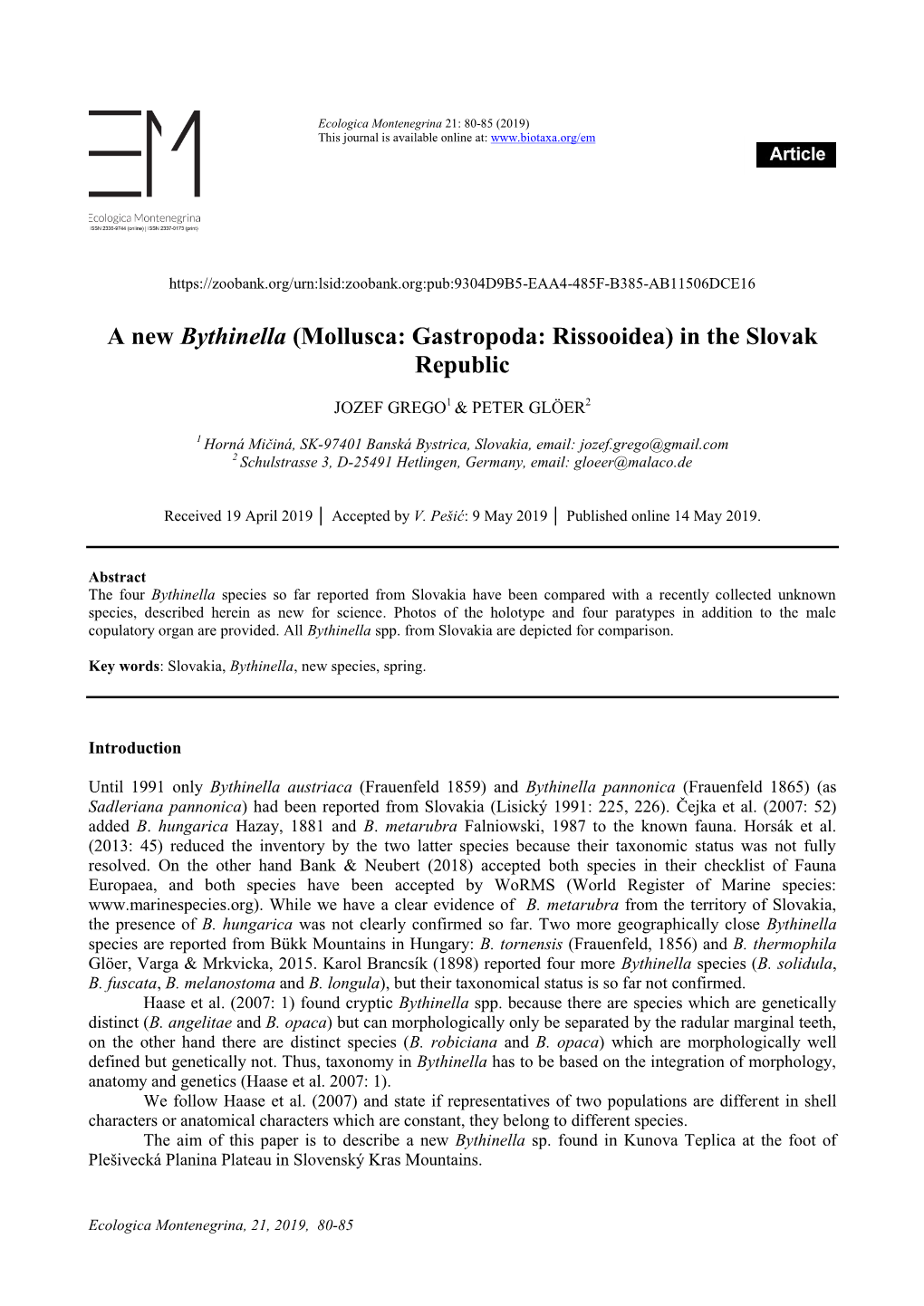 A New Bythinella (Mollusca: Gastropoda: Rissooidea) in the Slovak Republic