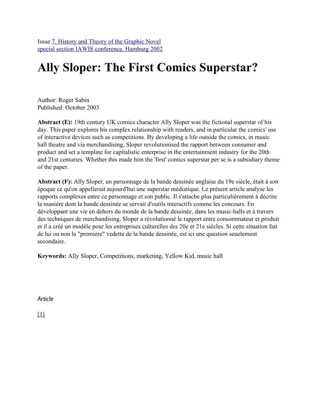 Ally Sloper: the First Comics Superstar?