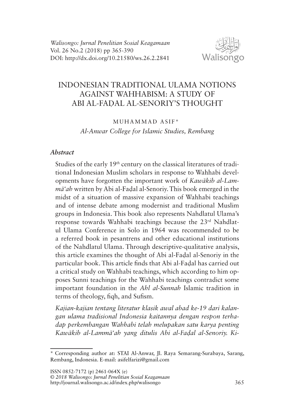 Indonesian Traditional Ulama Notions Against Wahhabism: a Study of Abi Al-Faḍal Al-Senoriy’S Thought