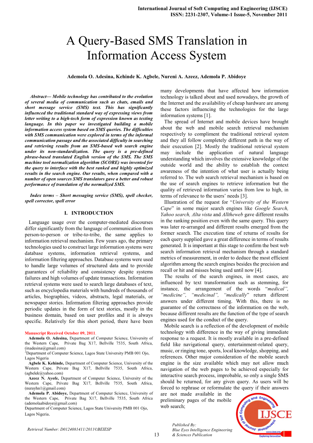 A Query-Based SMS Translation in Information Access System