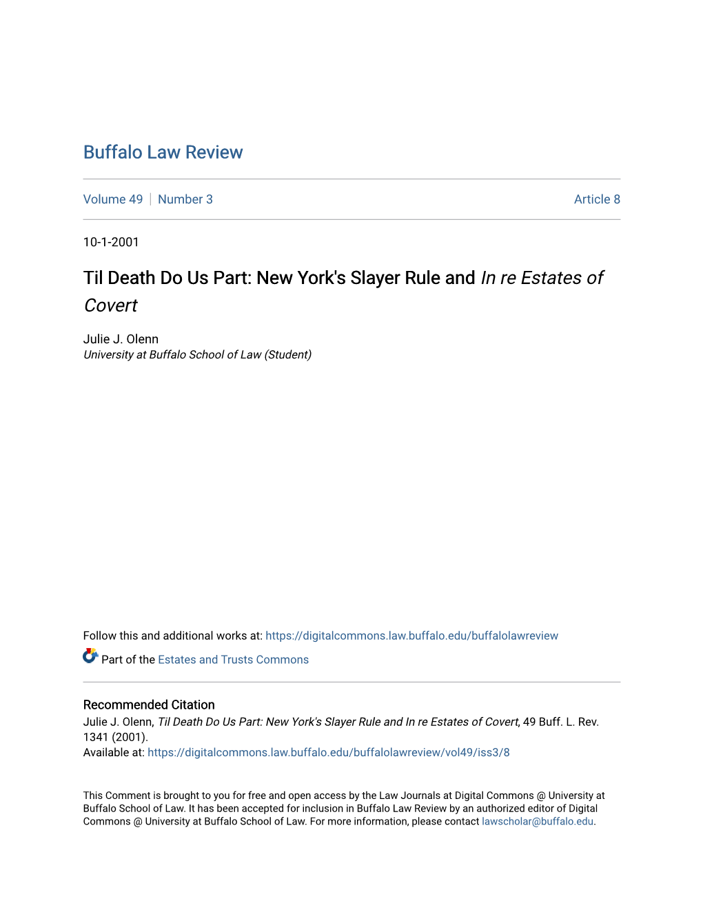 Til Death Do Us Part: New York's Slayer Rule and in Re Estates of Covert