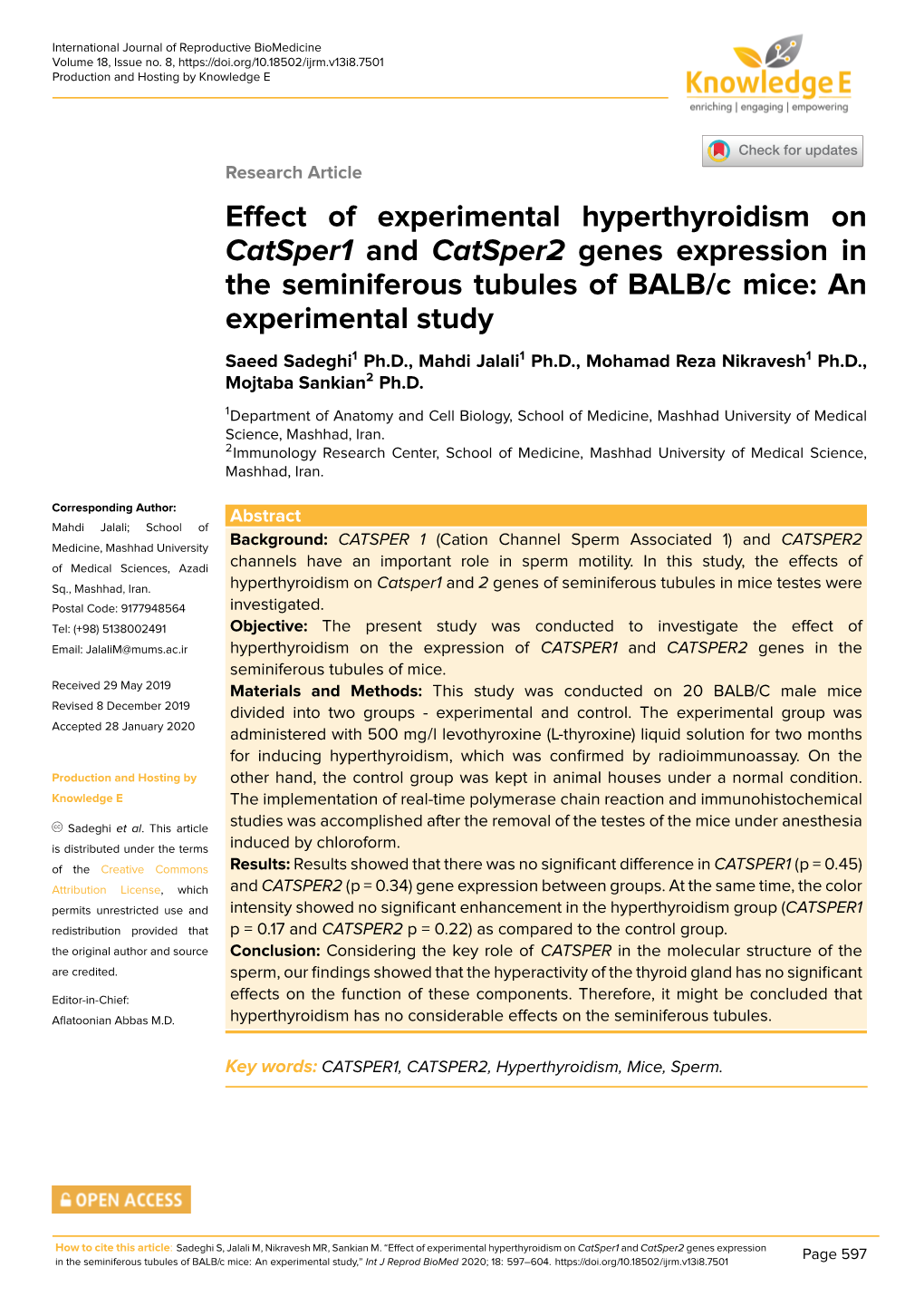 Effect of Experimental Hyperthyroidism on Catsper1 and Catsper2 Genes