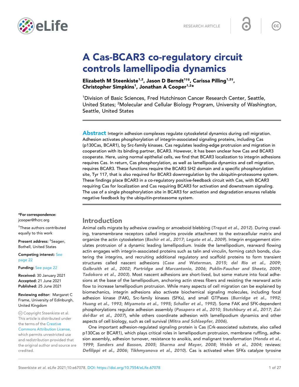 A Cas-BCAR3 Co-Regulatory Circuit Controls Lamellipodia Dynamics