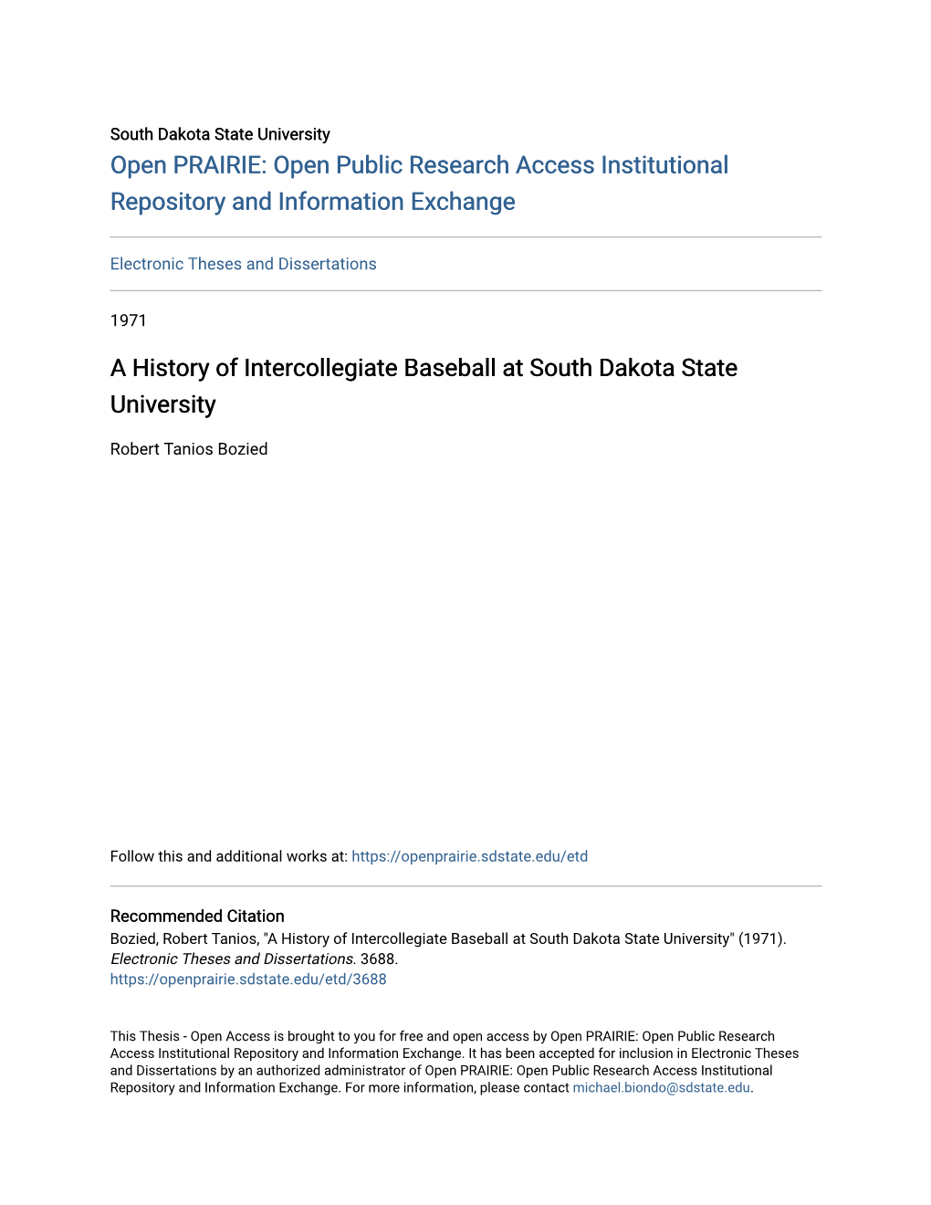 A History of Intercollegiate Baseball at South Dakota State University