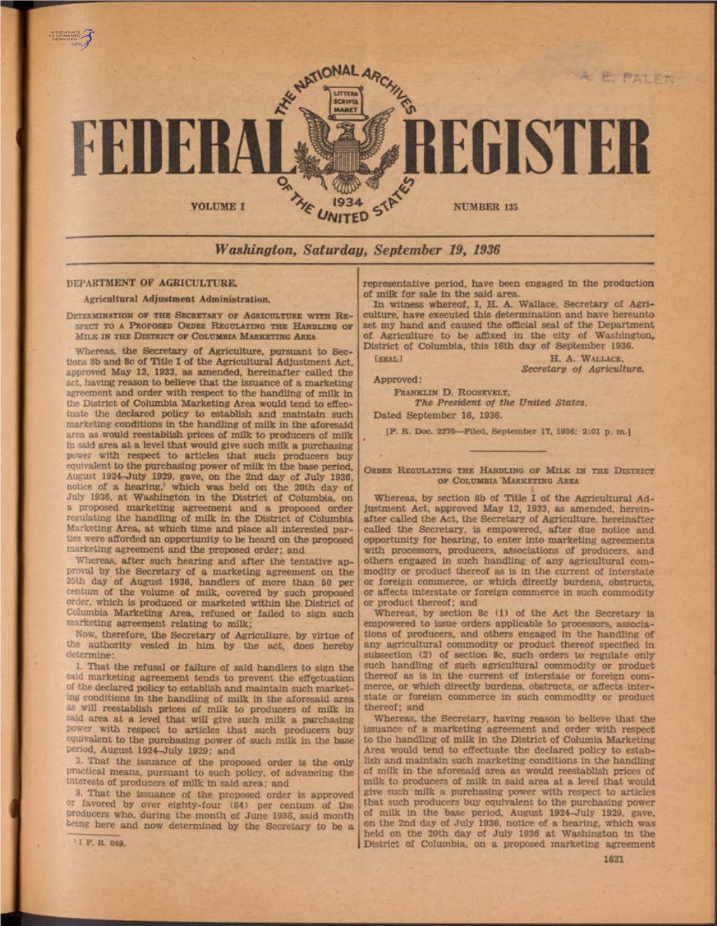 FEDERAL REGISTER, September 19, 1936