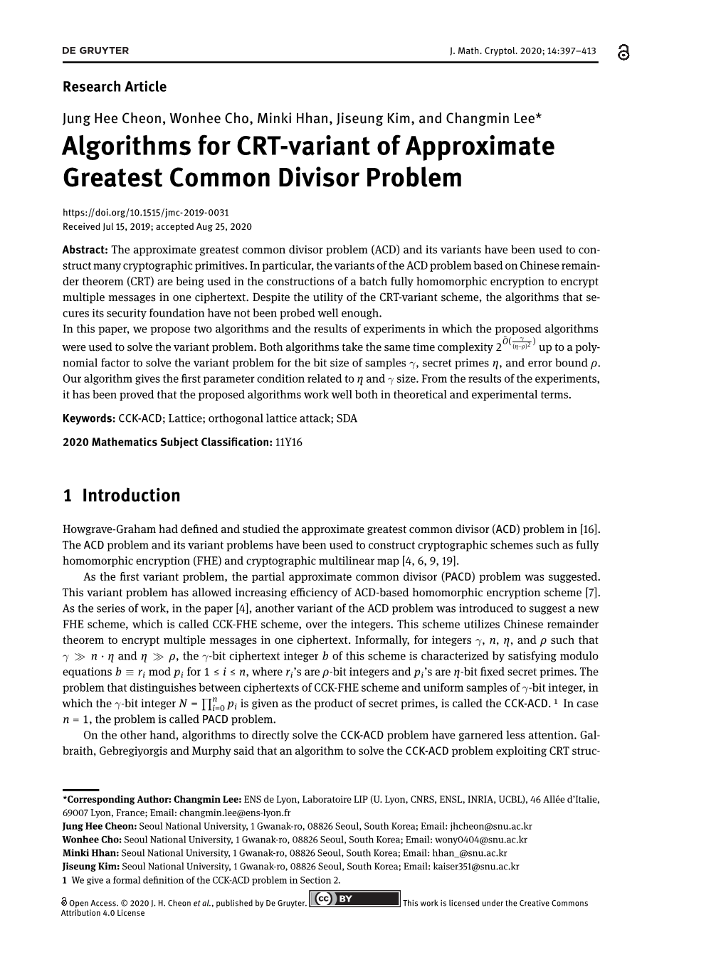 Algorithms for CRT-Variant of Approximate Greatest Common Divisor Problem Received Jul 15, 2019; Accepted Aug 25, 2020