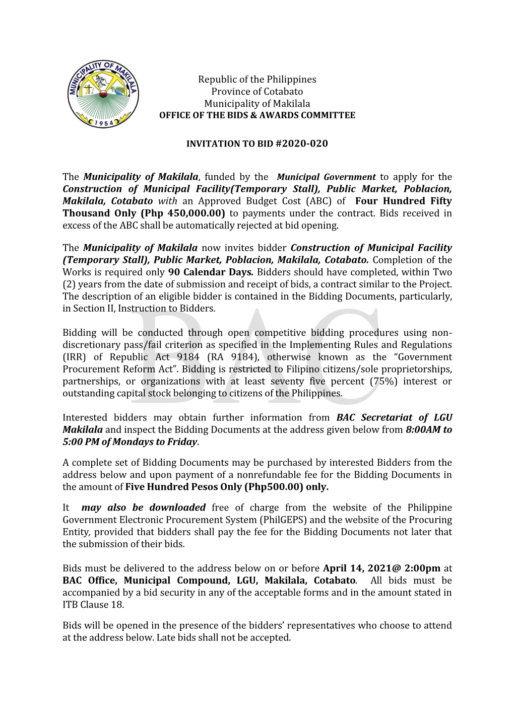 Republic of the Philippines Province of Cotabato Municipality of Makilala OFFICE of the BIDS & AWARDS COMMITTEE