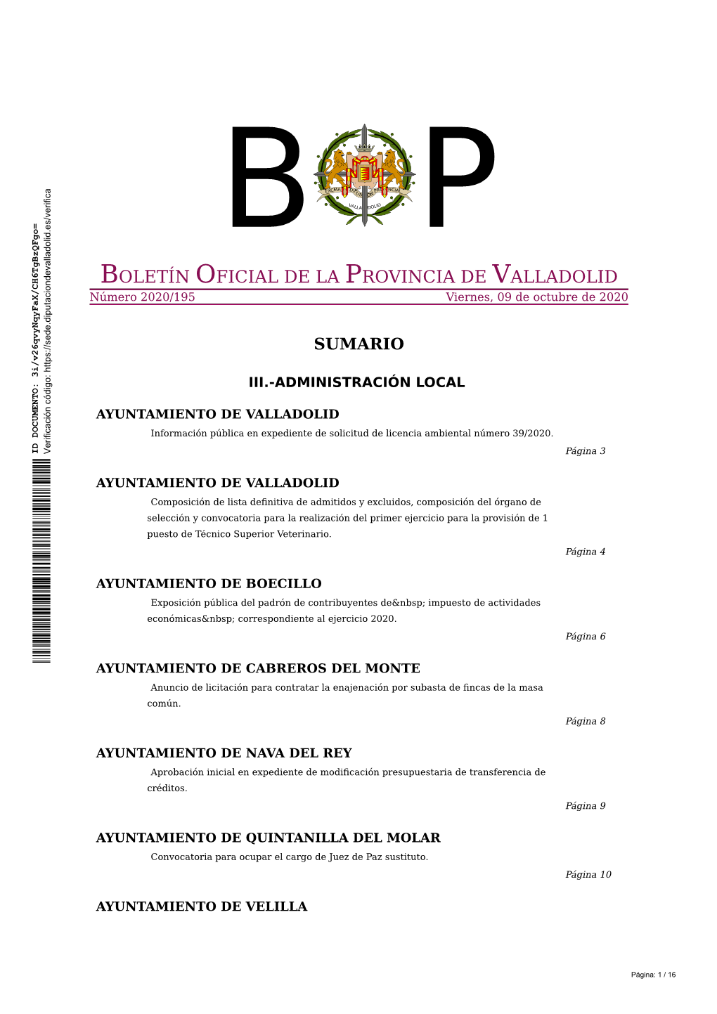 BOLETÍN OFICIAL DE LA PROVINCIA DE VALLADOLID Número 2020/195 Viernes, 09 De Octubre De 2020