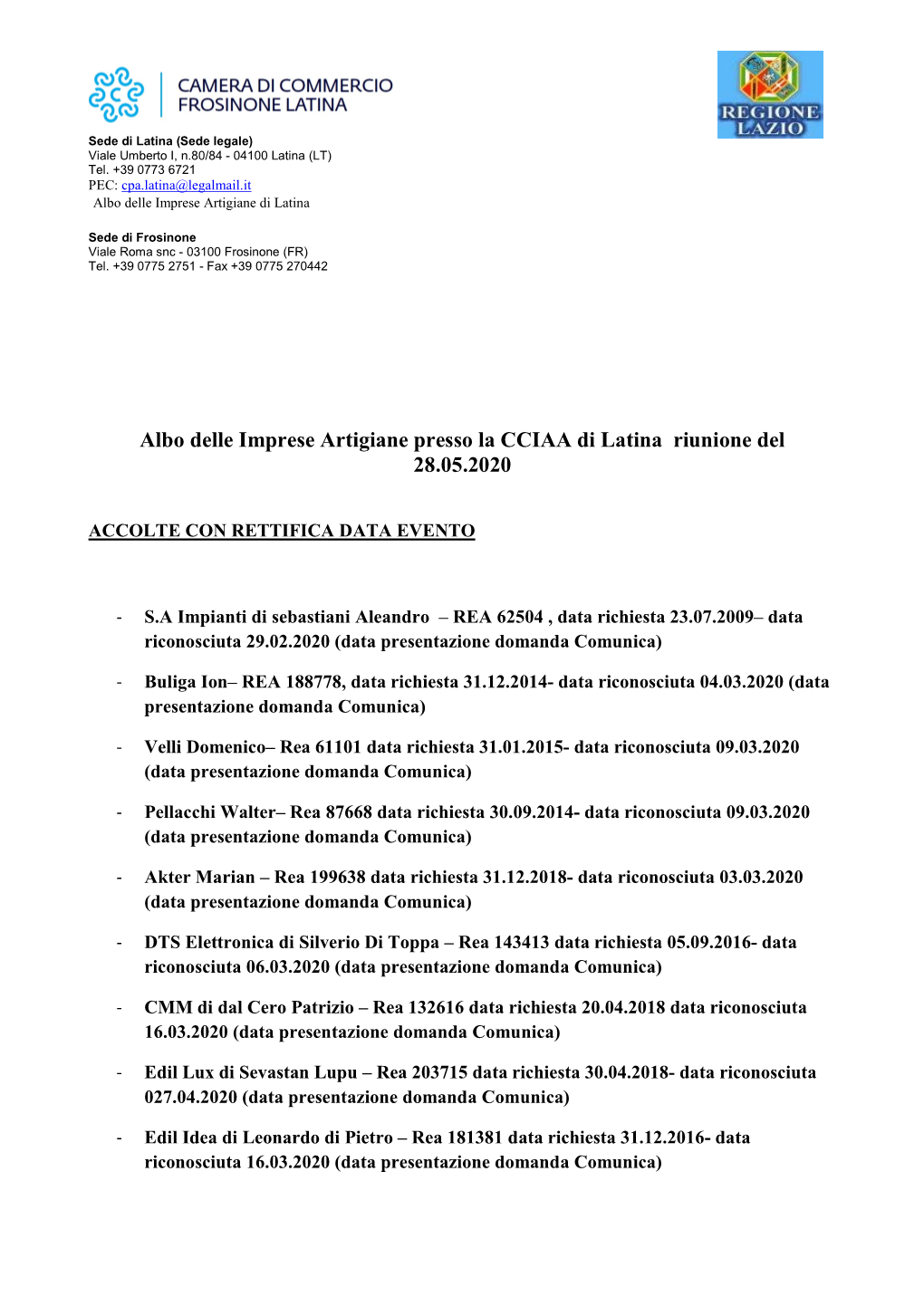 Albo Delle Imprese Artigiane Presso La CCIAA Di Latina Riunione Del 28.05.2020