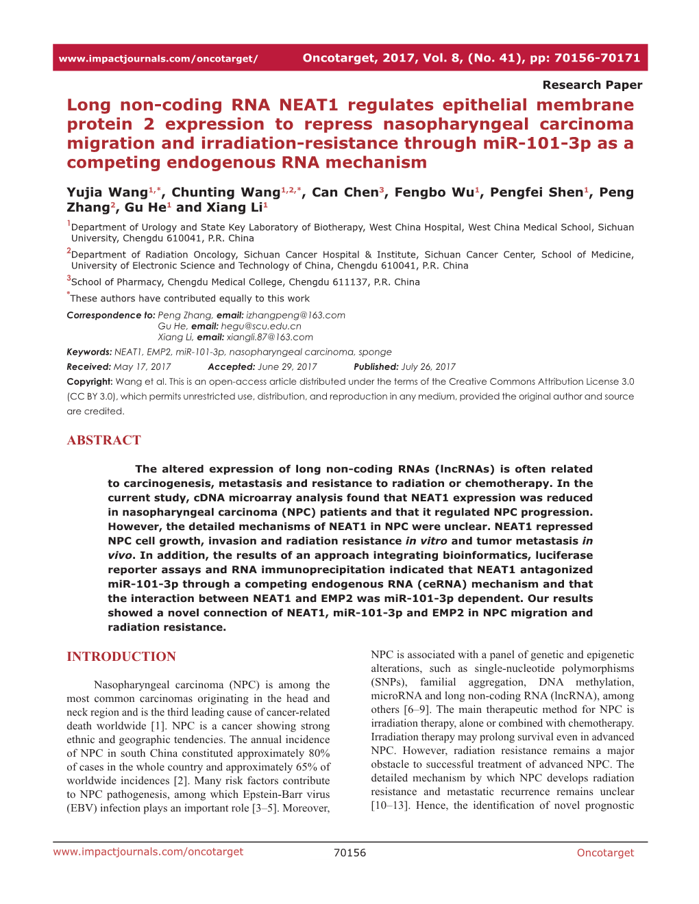 Long Non-Coding RNA NEAT1 Regulates Epithelial Membrane Protein 2 Expression to Repress Nasopharyngeal Carcinoma Migration and I