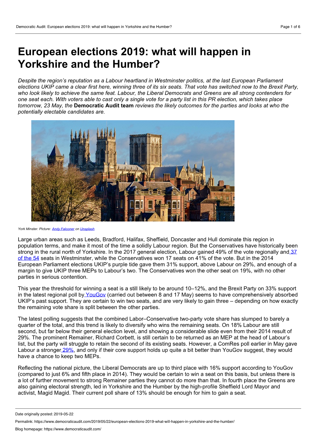 Democratic Audit: European Elections 2019: What Will Happen in Yorkshire and the Humber? Page 1 of 6